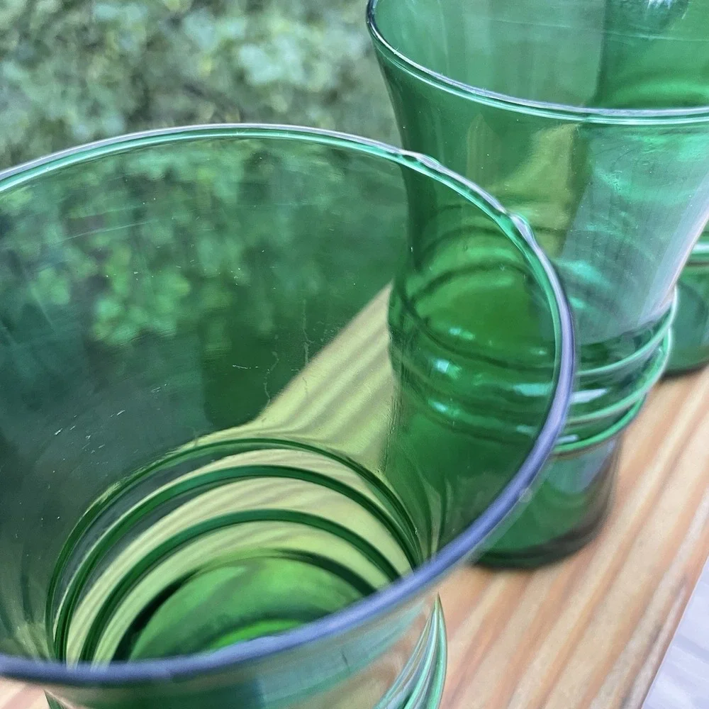 Anchor Hocking Glass Forest Green 8oz Ringed Ribbed Tumbler Vintage MCM Set Of 4